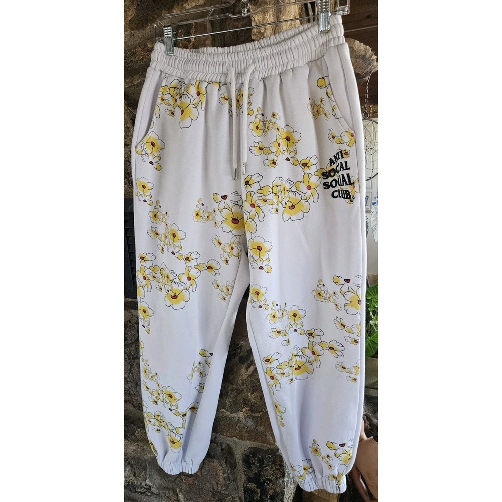 Anti Social Social Club White &‎ Yellow Floral Sweatpants Size Medium EUC